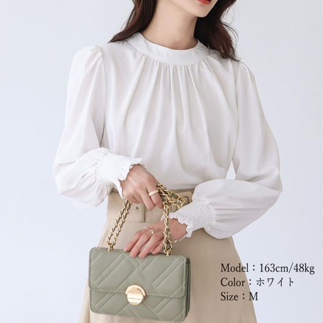 胸元ギャザーブラウス上品バルーンスリーブ 送料無料 即日発送-5