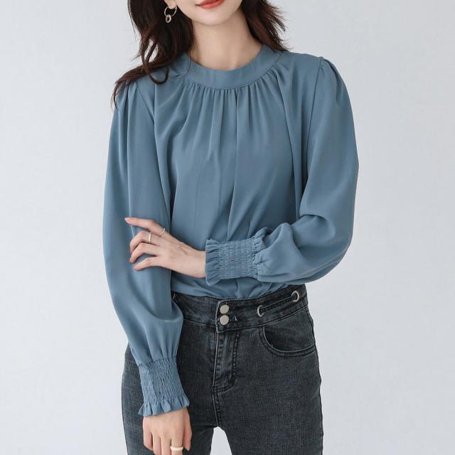 胸元ギャザーブラウス上品バルーンスリーブ 送料無料 即日発送-6