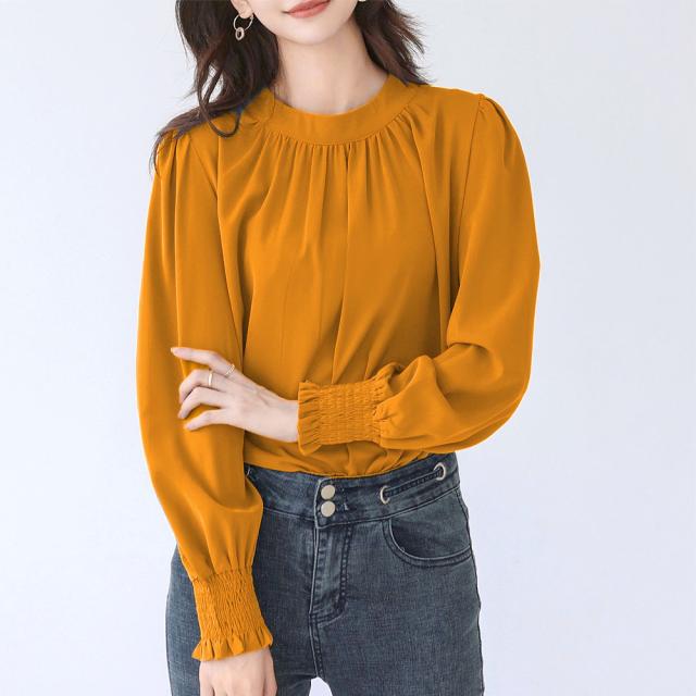 胸元ギャザーブラウス上品バルーンスリーブ 送料無料 即日発送-8