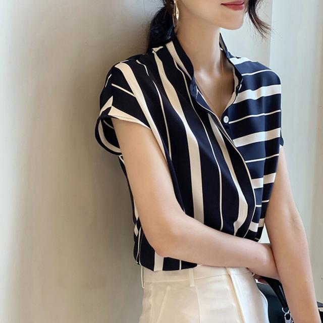 ストライプ柄 開襟シャツ レディース 夏 ネイビー 送料無料 即日発送-1