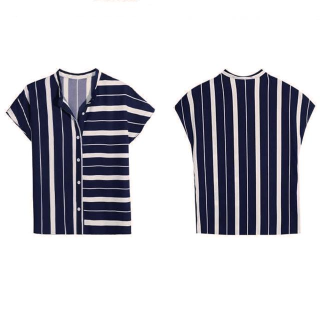 ストライプ柄 開襟シャツ レディース 夏 ネイビー 送料無料 即日発送-3