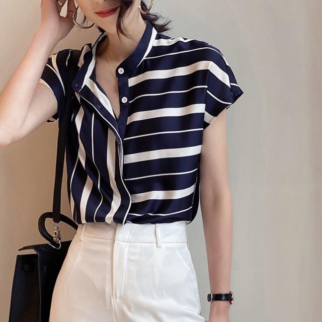 ストライプ柄 開襟シャツ レディース 夏 ネイビー 送料無料 即日発送-4