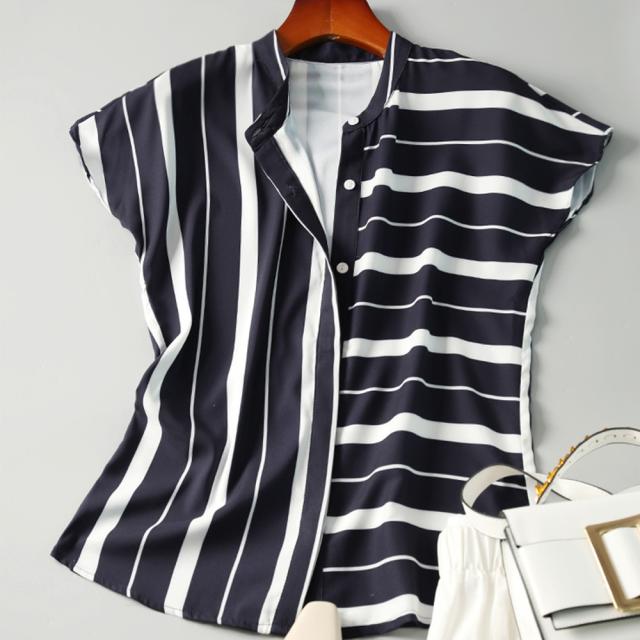 ストライプ柄 開襟シャツ レディース 夏 ネイビー 送料無料 即日発送-7