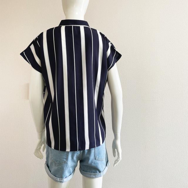 ストライプ柄 開襟シャツ レディース 夏 ネイビー 送料無料 即日発送-8