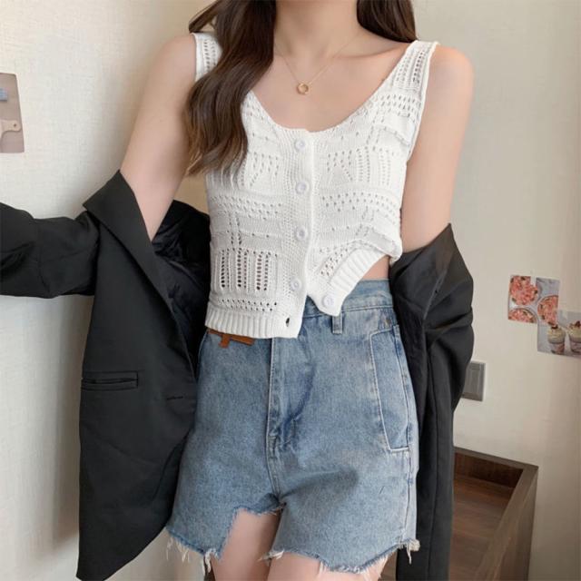 透かし編み タンクトップ スクエアネック 送料無料 即日発送-4