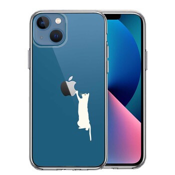 iPhone13 ケース クリアにゃんこ リンゴ つんつん ホワイト スマホケース 側面ソフト 背面ハード ハイブリッド 送料無料-0