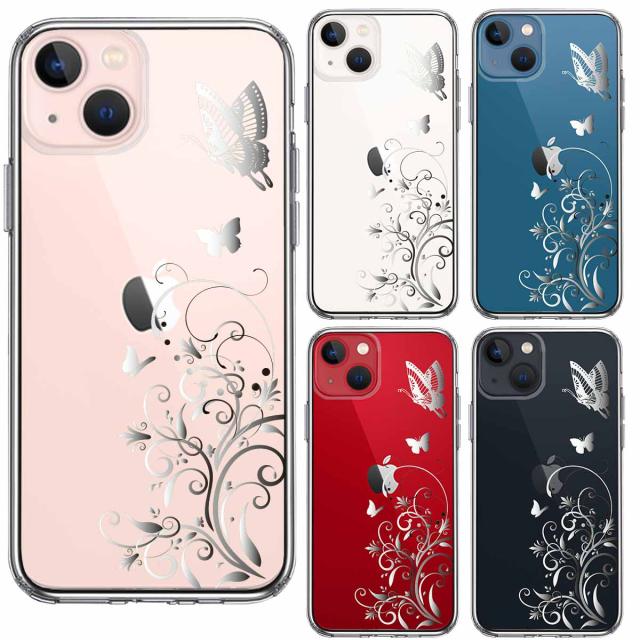 iPhone13 ケース クリアフローラル ＆ バタフライ グレー スマホケース 側面ソフト 背面ハード ハイブリッド 送料無料-1