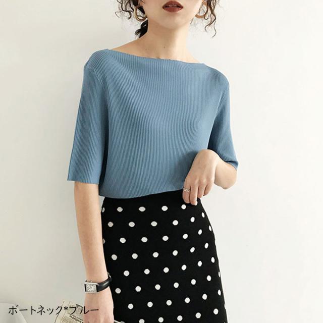 5分袖リブニット夏服トップス レディース 送料無料 即日発送-5