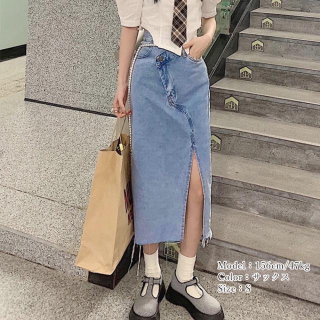 デニムスカート ウエストレイヤード風美脚 送料無料 即日発送-5