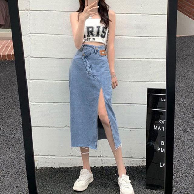 デニムスカート ウエストレイヤード風美脚 送料無料 即日発送-6