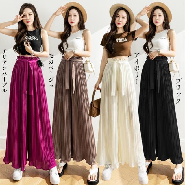 プリーツ ワイドパンツ ハイウエスト脚長 送料無料 即日発送-1