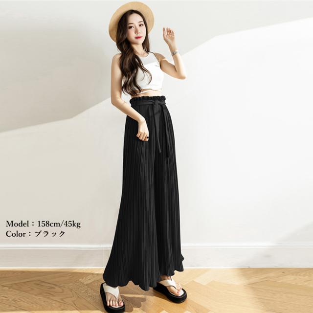 プリーツ ワイドパンツ ハイウエスト脚長 送料無料 即日発送-5