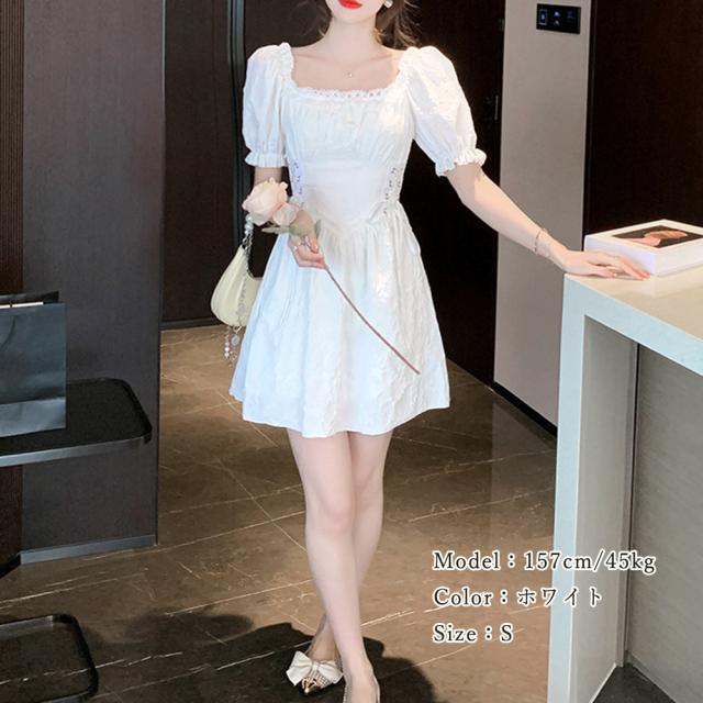 ワンピース スクエアネック ミニワンピース無地パフ袖 送料無料 即日発送-9