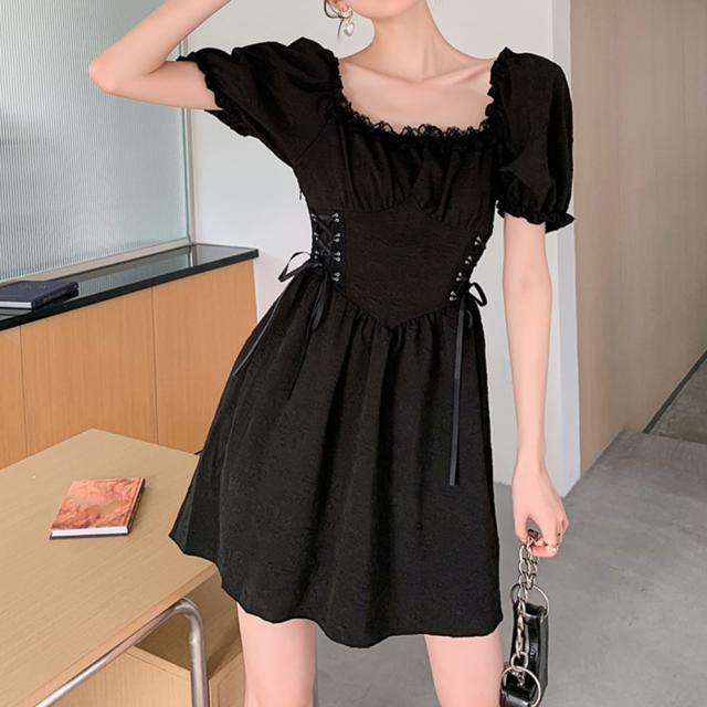 ワンピース スクエアネック ミニワンピース無地パフ袖 送料無料 即日発送-4