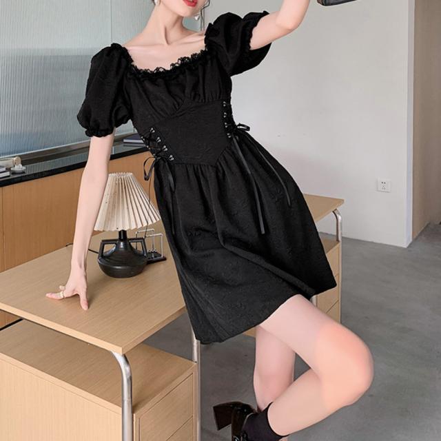 ワンピース スクエアネック ミニワンピース無地パフ袖 送料無料 即日発送-5