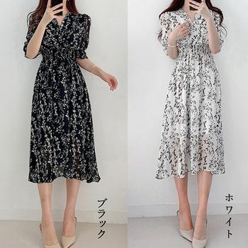 ワンピース 花柄 フレアワンピース春夏カシュクール風 送料無料 即日発送-1