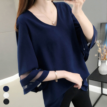 Vネック シャツブラウス レディース夏服 送料無料 即日発送-0