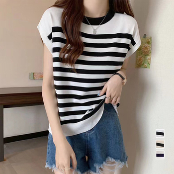 フレンチスリーブサマーニット ボーダー柄 送料無料 即日発送-0