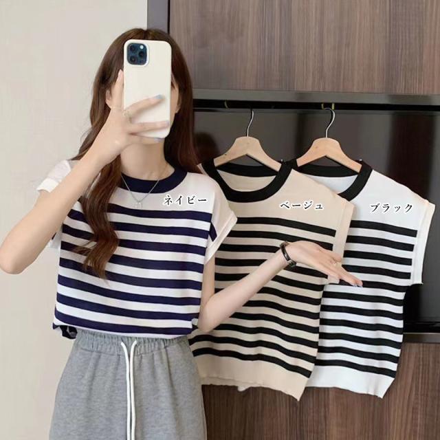 フレンチスリーブサマーニット ボーダー柄 送料無料 即日発送-1