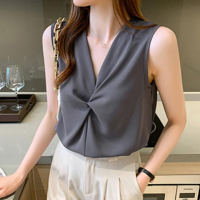 ギャザーブラウスVネックレディースシャツ 送料無料 即日発送-4