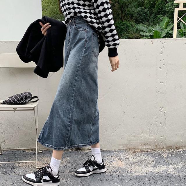 デニム タイトスカート フロントスリット インディゴ 送料無料 即日発送-5