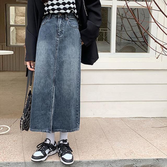 デニム タイトスカート フロントスリット インディゴ 送料無料 即日発送-6