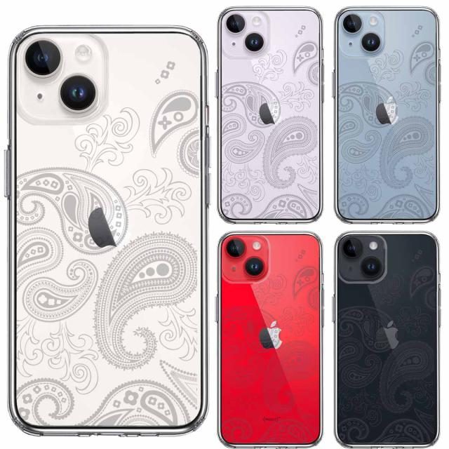 iPhone14 ケース クリア ペイズリー 柄 ライトグレイ スマホケース 側面ソフト 背面ハード ハイブリッド 送料無料-1