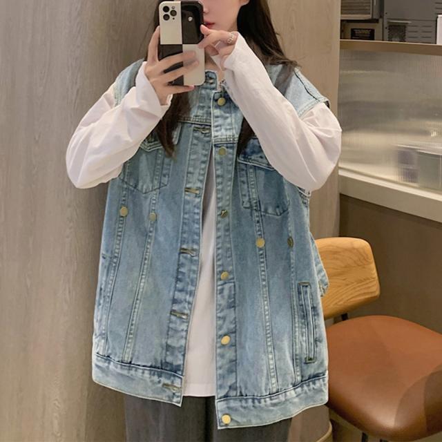 デニムベスト ジレ 重ね着デニムチョッキ 送料無料 即日発送-4