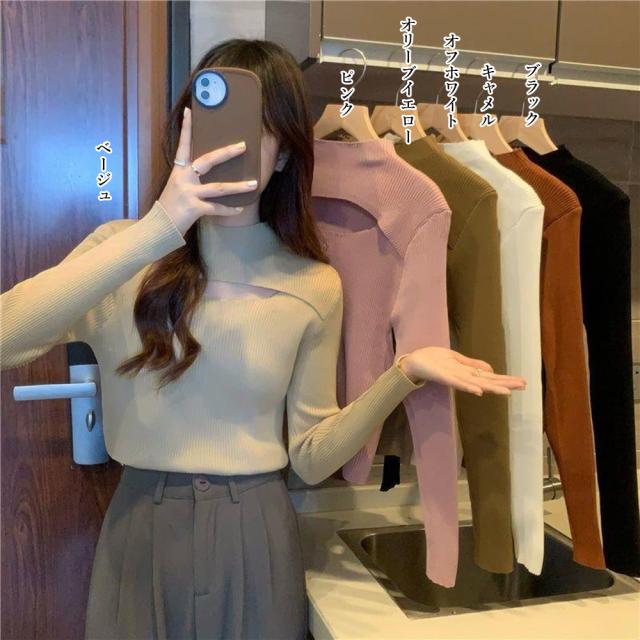 リブ ニットトップス プチハイネック秋冬 送料無料 即日発送-1