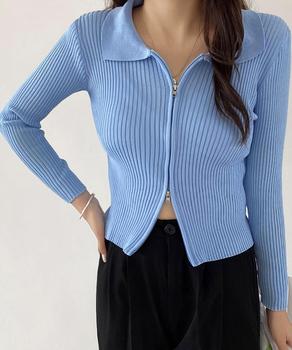 リブニットトップスレディースジップアップ 送料無料 即日発送-6