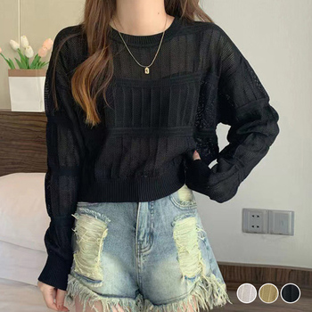 透かし編み 長袖ニットトップス 送料無料 即日発送-0