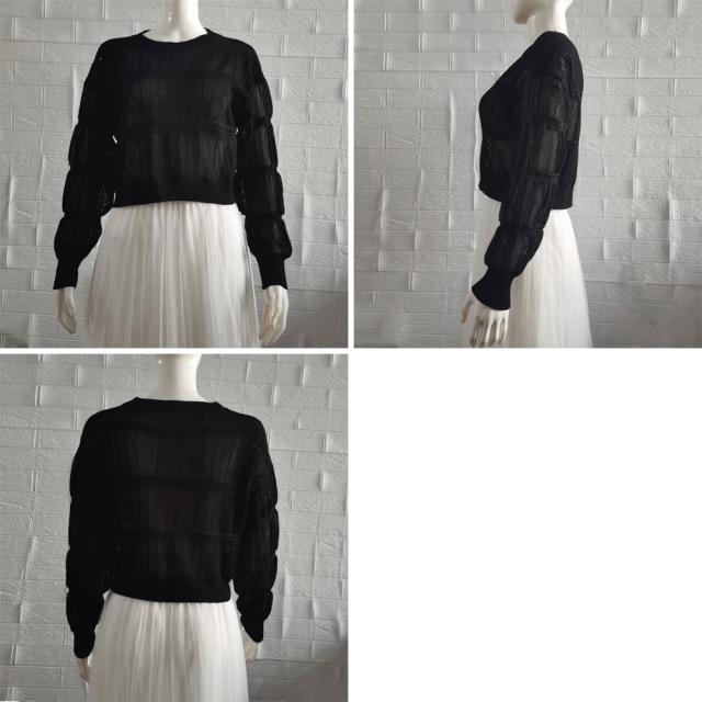 透かし編み 長袖ニットトップス 送料無料 即日発送-3