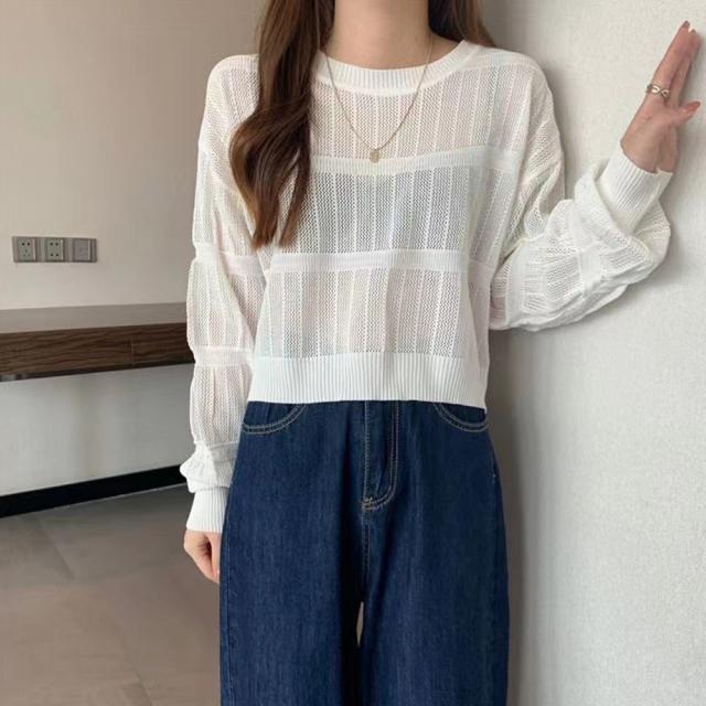 透かし編み 長袖ニットトップス 送料無料 即日発送-4
