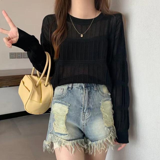 透かし編み 長袖ニットトップス 送料無料 即日発送-5