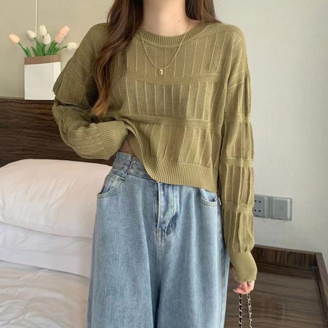 透かし編み 長袖ニットトップス 送料無料 即日発送-7