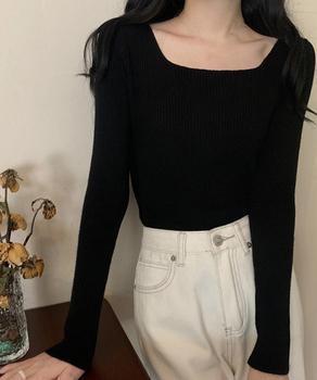 スクエアネック リブニットトップス 秋冬 送料無料 即日発送-2