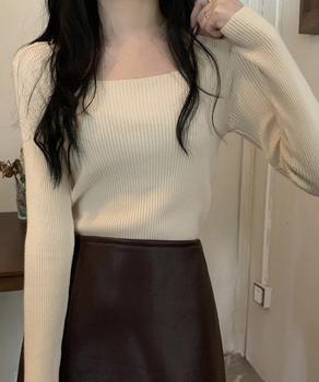 スクエアネック リブニットトップス 秋冬 送料無料 即日発送-4