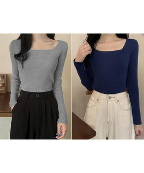 スクエアネック リブニットトップス 秋冬 送料無料 即日発送-5