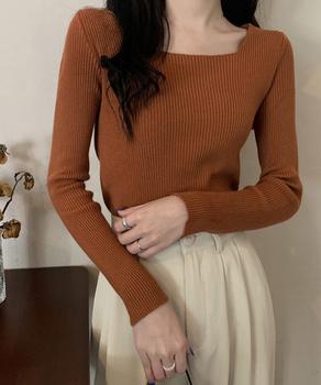 スクエアネック リブニットトップス 秋冬 送料無料 即日発送-6