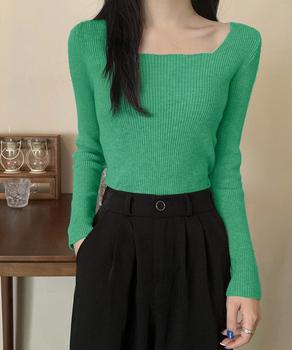 スクエアネック リブニットトップス 秋冬 送料無料 即日発送-7