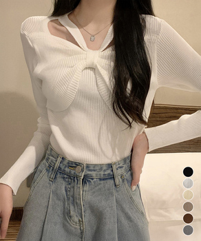 フロントリボンリブニットトップス大人秋服 送料無料 即日発送-0