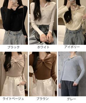 フロントリボンリブニットトップス大人秋服 送料無料 即日発送-1