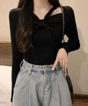フロントリボンリブニットトップス大人秋服 送料無料 即日発送-2