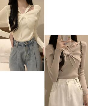 フロントリボンリブニットトップス大人秋服 送料無料 即日発送-4