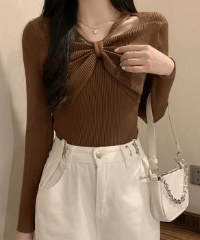 フロントリボンリブニットトップス大人秋服 送料無料 即日発送-5