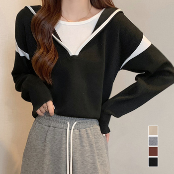 フード付きニットトップス レイヤード風 送料無料 即日発送-0