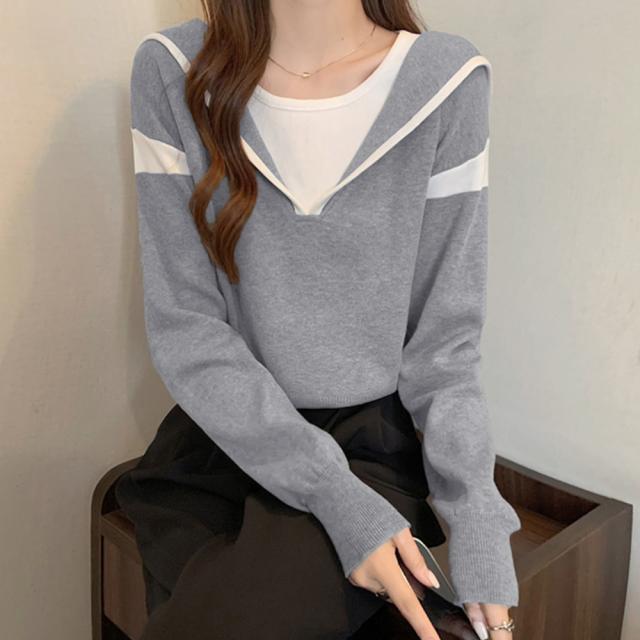 フード付きニットトップス レイヤード風 送料無料 即日発送-9