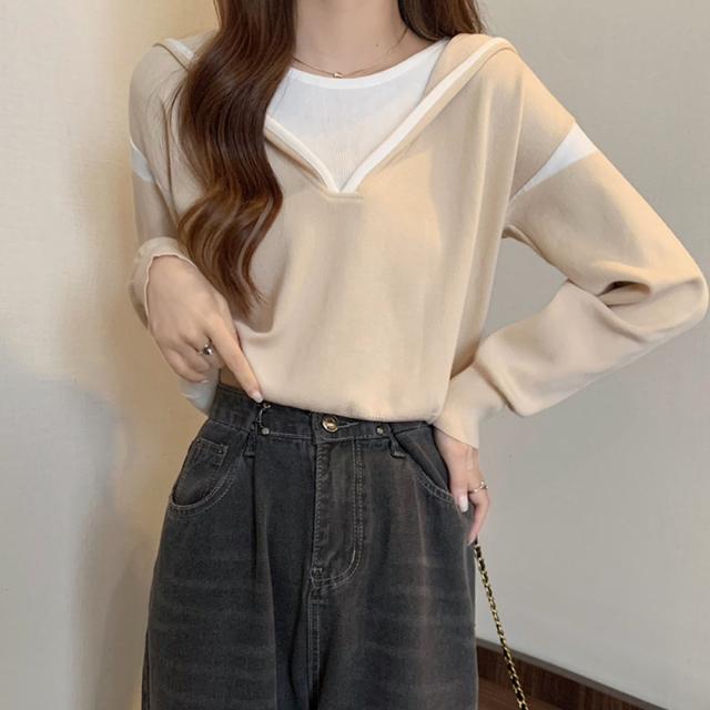 フード付きニットトップス レイヤード風 送料無料 即日発送-5