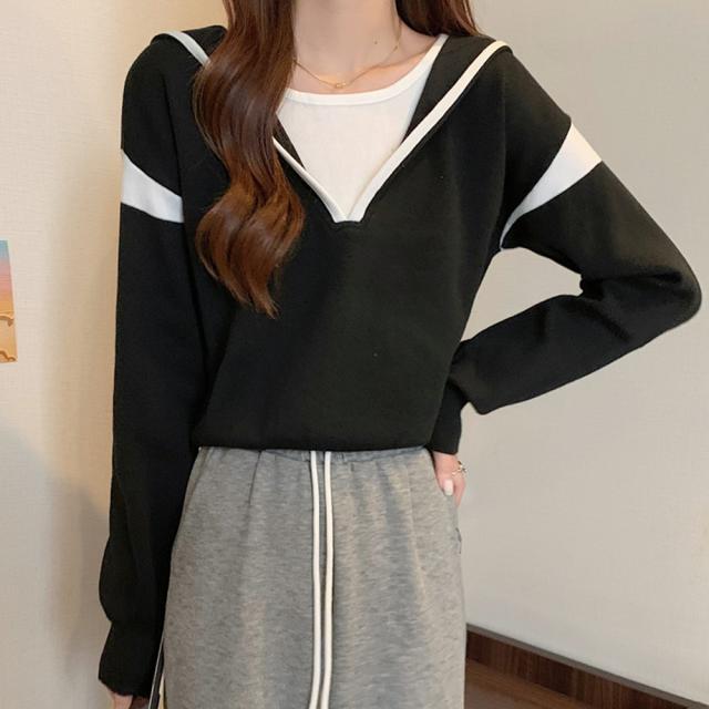 フード付きニットトップス レイヤード風 送料無料 即日発送-7