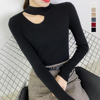 ニットトップス デコルテカットリブニット 送料無料 即日発送-0